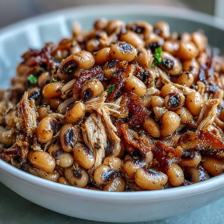 Close-up of tender Crock-Pot Black-Eyed Peas with smoked turkey, rich broth, and a sprig of fresh parsley garnish.