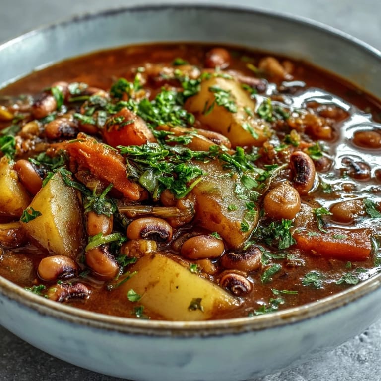 Close-up of Black-Eyed Pea Stew with Chefs Touch, featuring tender vegetables and rich tomato broth in a rustic pot.