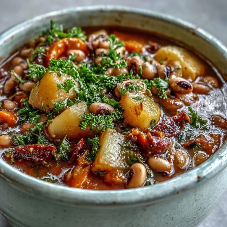 A hearty serving of Black-Eyed Pea Stew with Chefs Touch, made with sweet onions and smoked paprika, ready to enjoy.