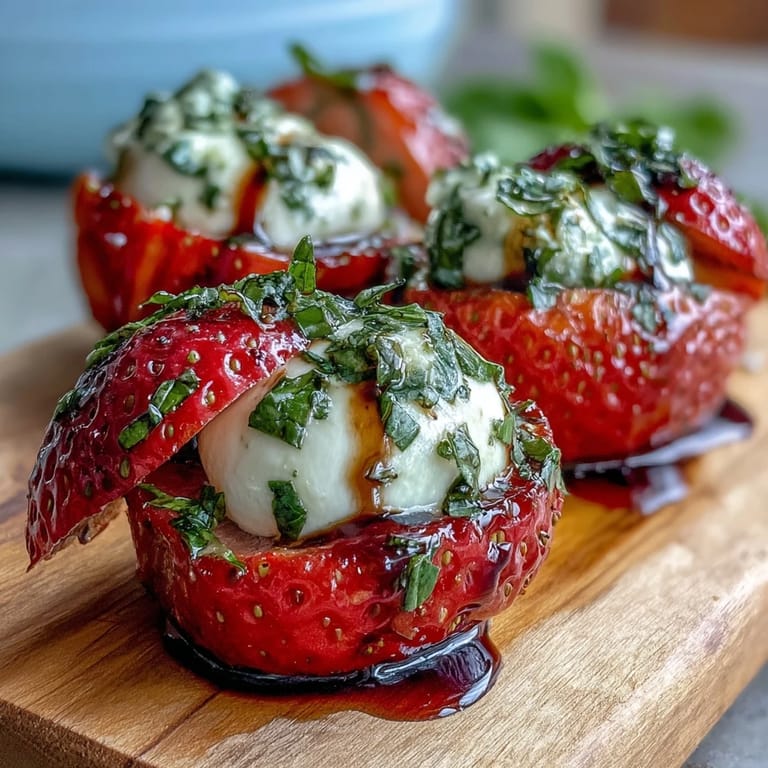 Colorful strawberry caprese skewers featuring ripe fruit, soft mozzarella, and fresh basil leaves, topped with a rich balsamic drizzle for a refreshing party snack.