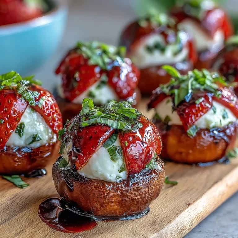 Juicy strawberries and creamy mozzarella on skewers, paired with fragrant basil and finished with a glossy balsamic glaze for an elegant bite.