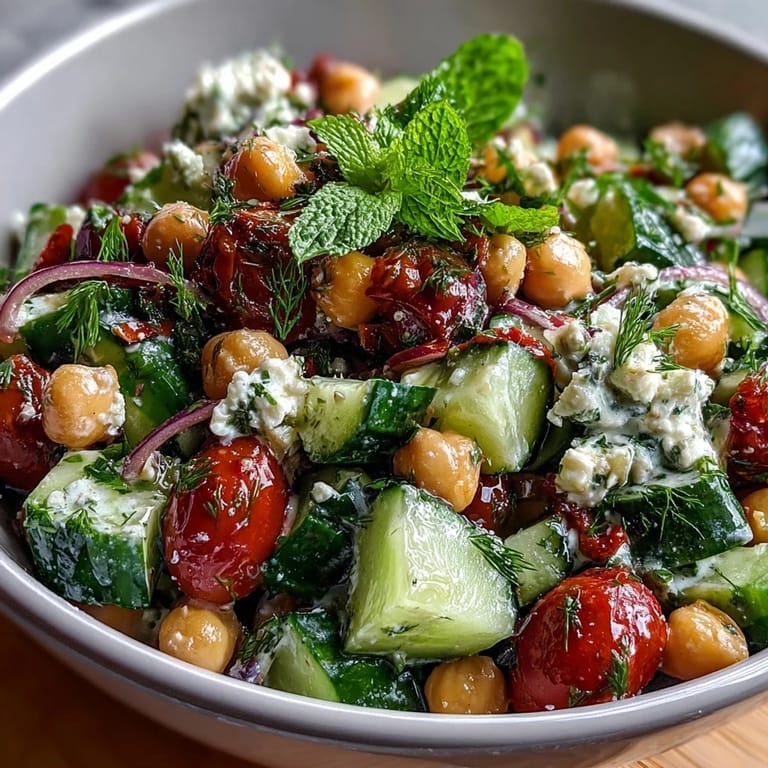 Healthy Easy Cucumber Chickpea Salad with Lemon Vinaigrette: refreshing Mediterranean salad bursting with zesty lemon, hearty chickpeas, and colorful vegetables.  