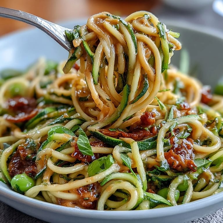 Fresh zucchini noodles tossed with crunchy bell peppers and snap peas in a rich, tangy peanut sauce. Light, flavorful, and easy to make.