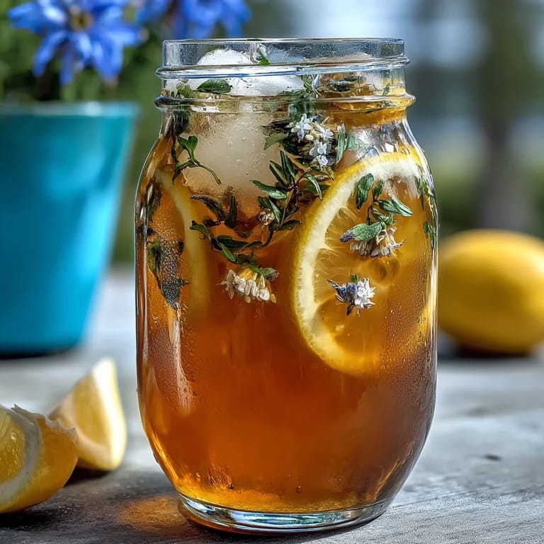 Chilled lavender honey lemonade served over ice, with a delicate honeyed sweetness and soothing lavender aroma.