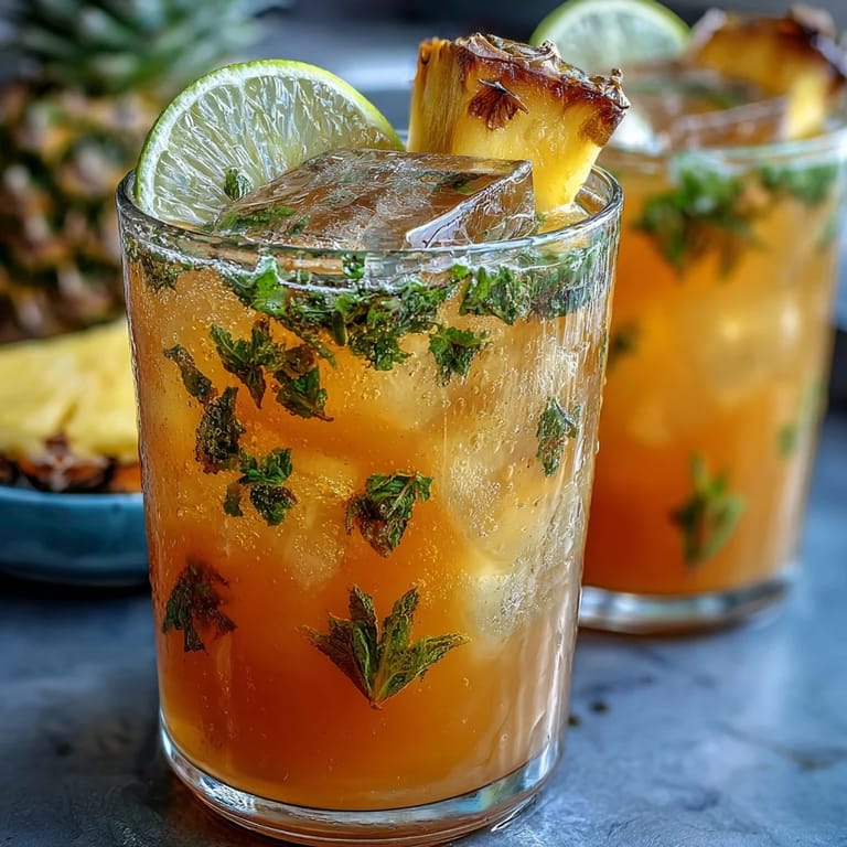 Pineapple basil agua fresca served over ice with lime slices and basil sprigs for a cooling summer drink.
