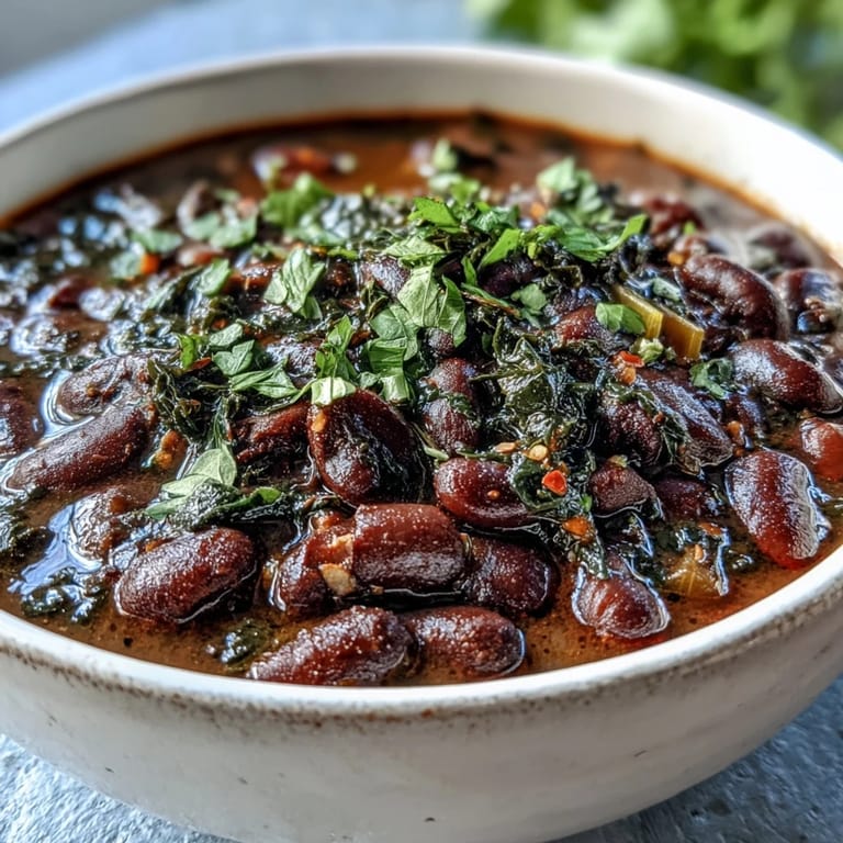 Rich, savory black-eyed pea and collard green stew, slow-simmered with spices for a warming vegetarian Southern classic.