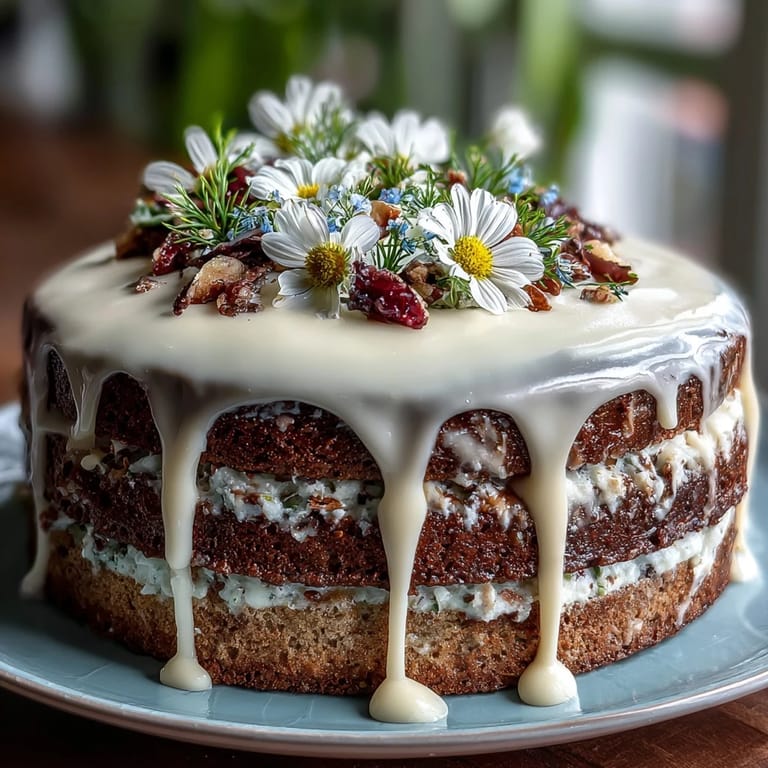 Layered vanilla sponge cake with zesty lemon frosting, finished with a colorful floral arrangement and smooth white chocolate drizzle.