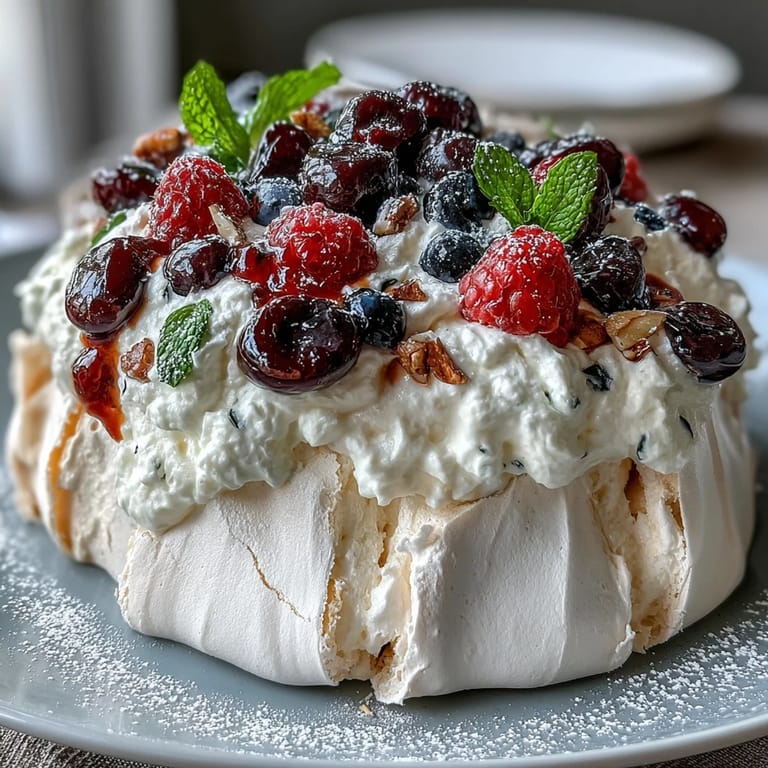 Showstopping Mothers Day dessert featuring golden meringue base crowned with whipped cream and seasonal mixed berries.