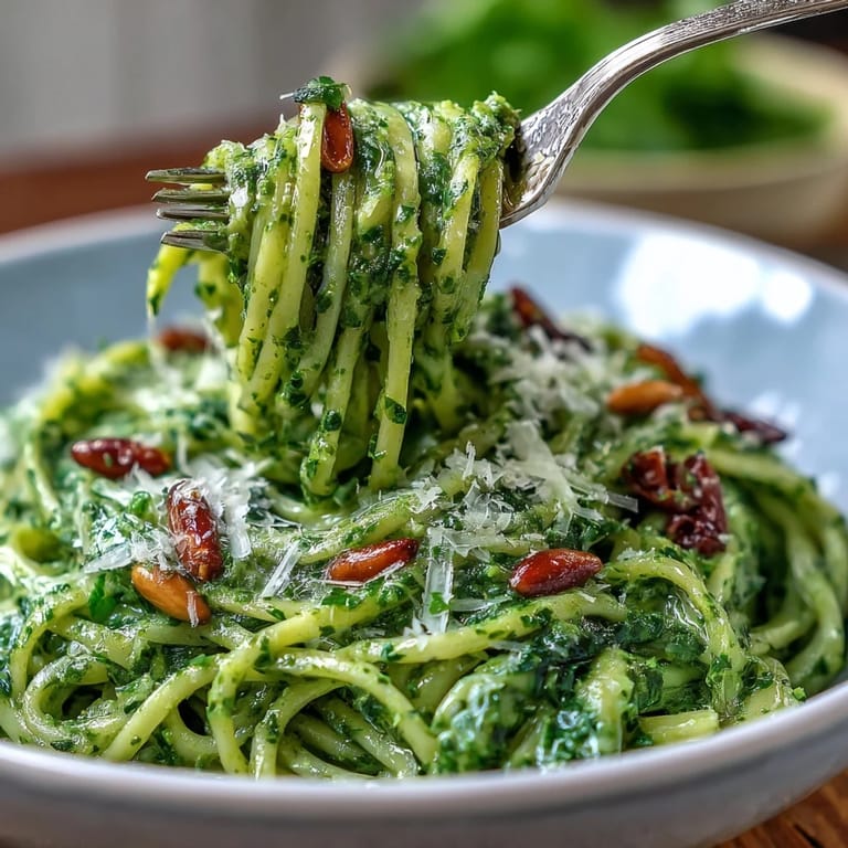 Fresh dandelion pesto with garlic and pine nuts, a vibrant sauce for roasted vegetables or bruschetta.