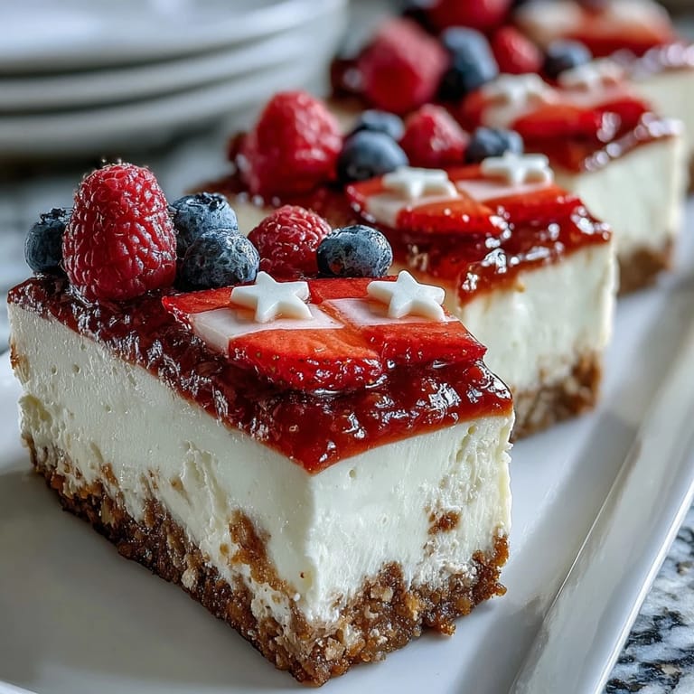 Creamy no-bake cheesecake decorated with red strawberries and blueberries to resemble an American flag, perfect for Independence Day.