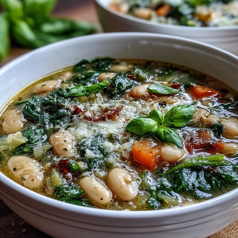 A hearty slow-cooked white bean soup with aromatic Italian herbs, spinach, and vegetables, perfect for a comforting vegetarian meal.  