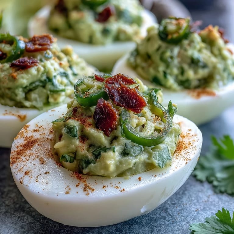 Classic deviled eggs transformed with rich guacamole filling, lime, and jalapeño, finished with a dusting of smoked paprika.