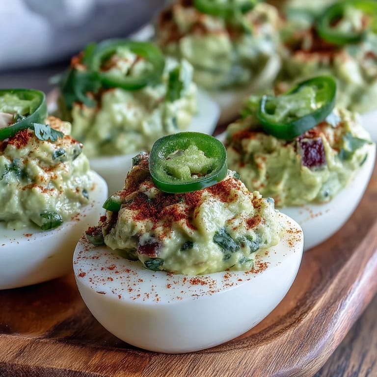 Vibrant deviled eggs filled with zesty guacamole, topped with diced tomato and a sprinkle of smoked paprika.  