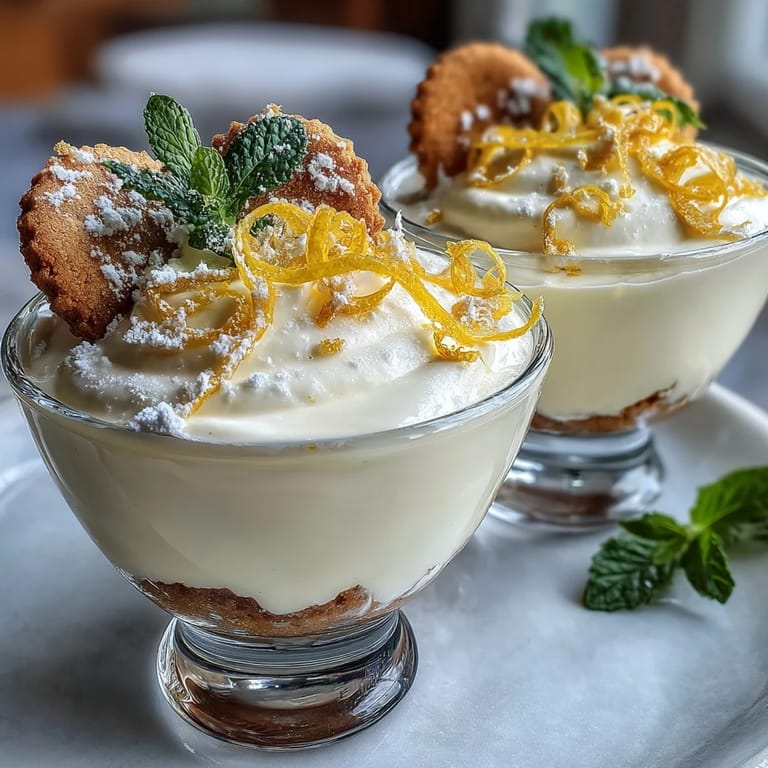 Bright and airy lemon mousse cups garnished with lemon zest curls, paired with crisp homemade shortbread cookies.  