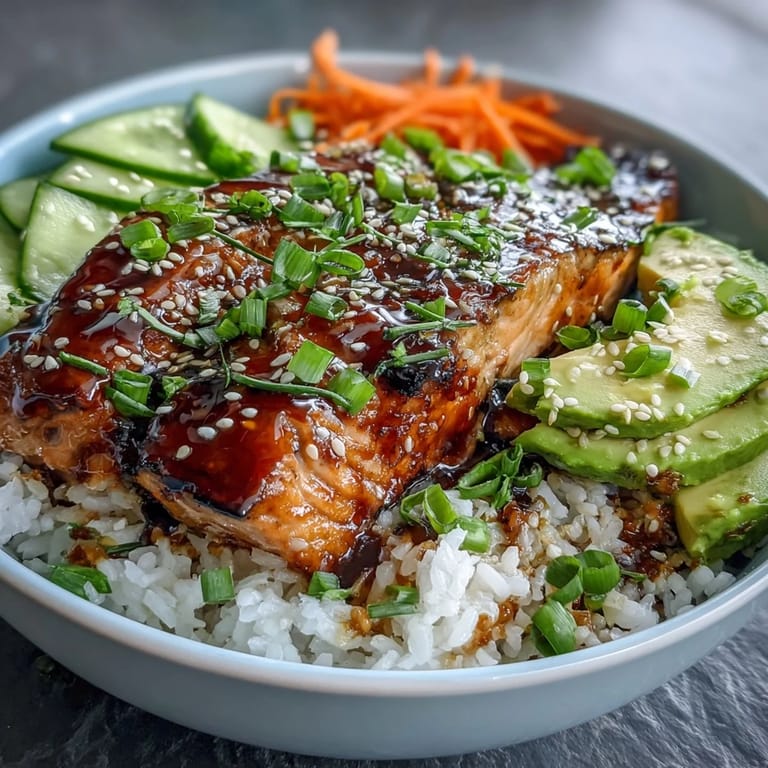 Quick teriyaki salmon bowl featuring tender glazed fish, fresh julienned carrots, and creamy avocado on fluffy rice.