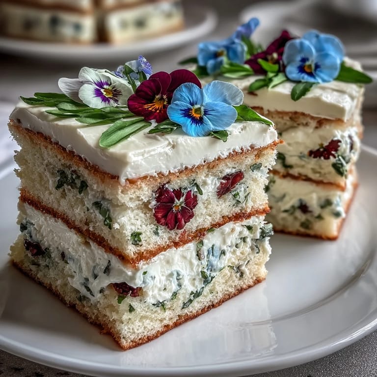 Elegant lemon sponge cake layered with tangy lemon curd and decorated with pressed edible flowers.