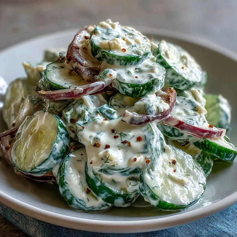 A refreshing, creamy cucumber dill salad featuring thinly sliced cucumbers and red onion in a tangy herb dressing.  