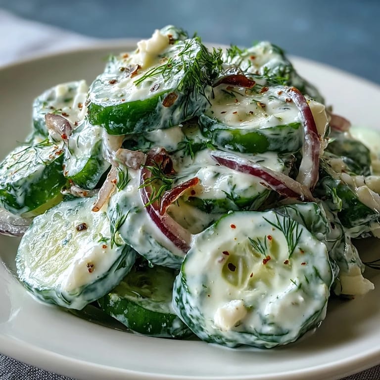 Chilled Creamy Cucumber Dill Salad with sour cream dressing, garnished with fresh dill for a light, flavorful side dish.
