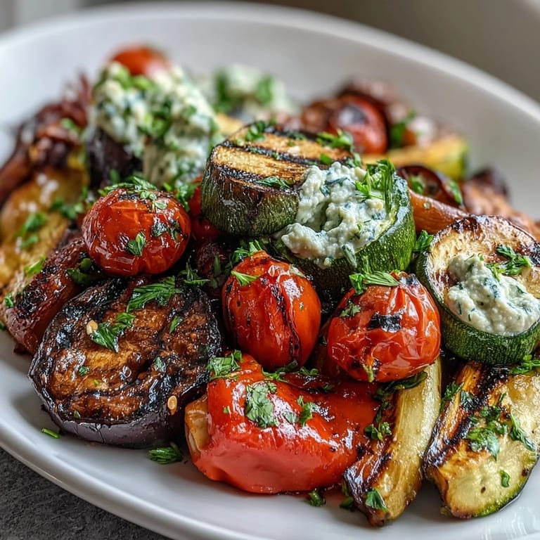 Healthy Mediterranean grilled veggie platter with hummus, combining smoky vegetables and smooth chickpea spread for a vegan-friendly appetizer.