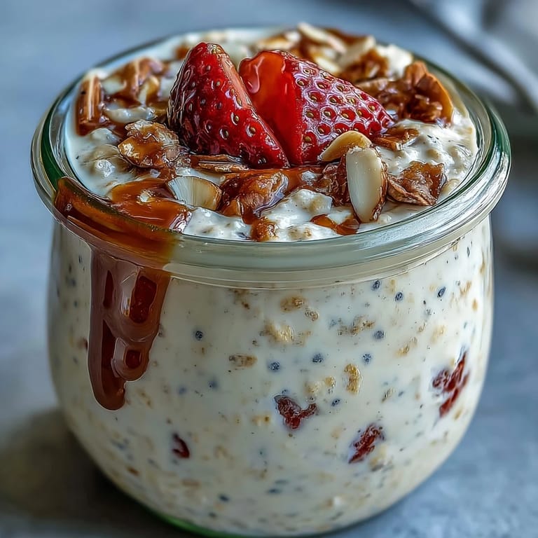 Velvety overnight oats infused with vanilla, layered with juicy strawberries and crunchy almonds, perfect for a quick morning meal.