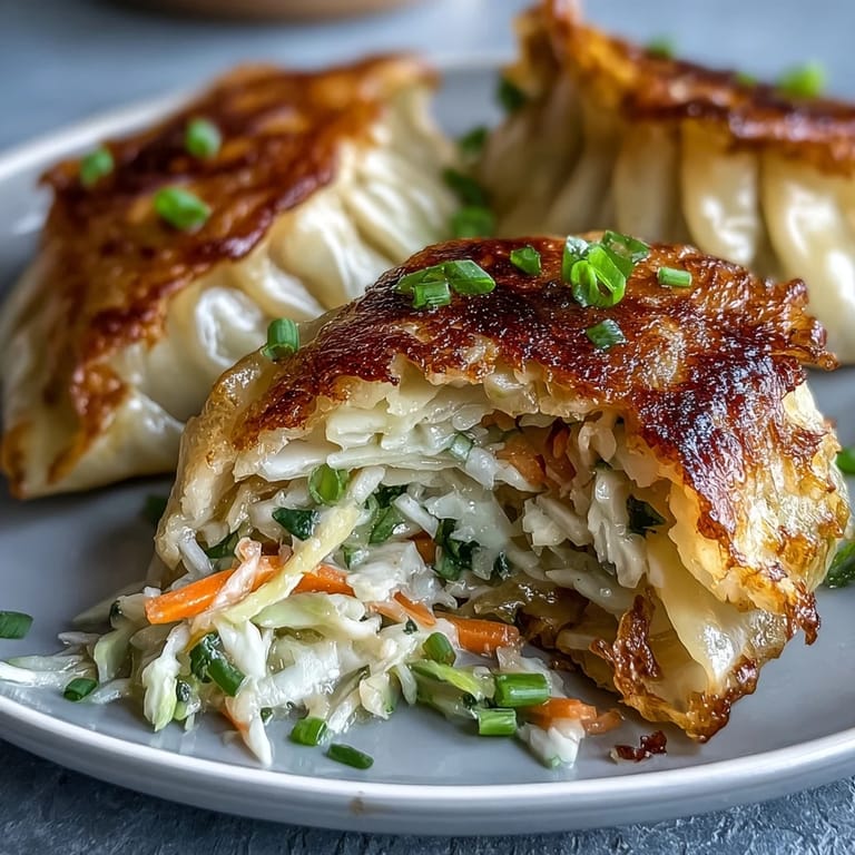 Savory shredded cabbage filling encased in perfectly browned crispy cabbage dumplings.