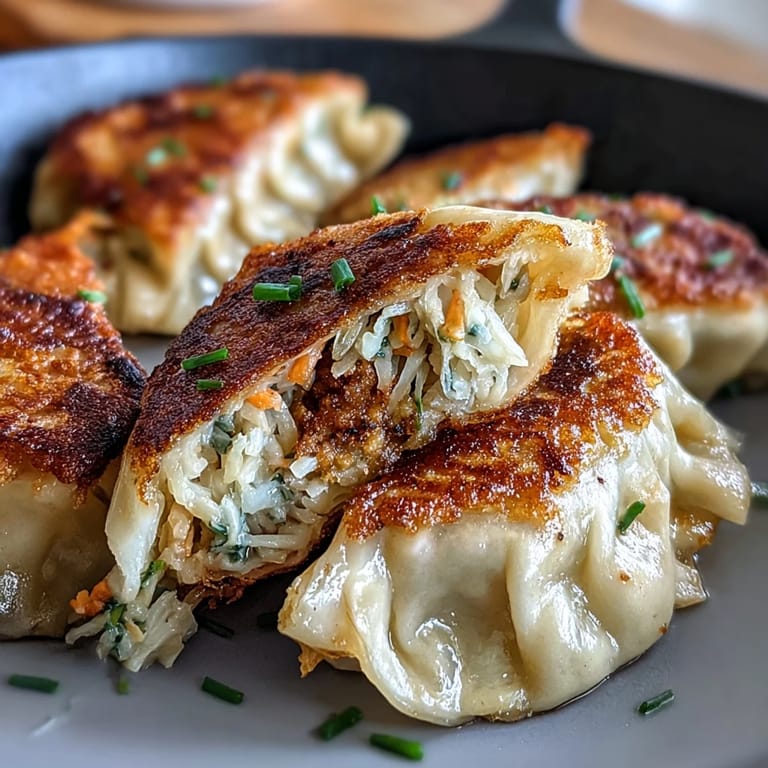 Start your meal with beautifully golden, pan-seared crispy cabbage dumplings ready to dip.