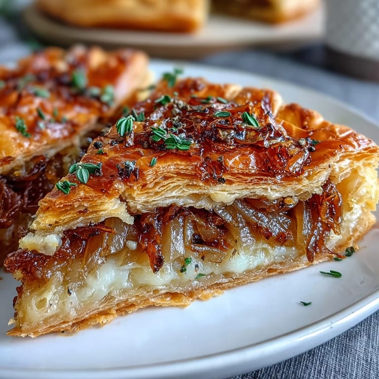 Flaky French Onion Puff Pastry Tart garnished with fresh thyme, ready to bake.