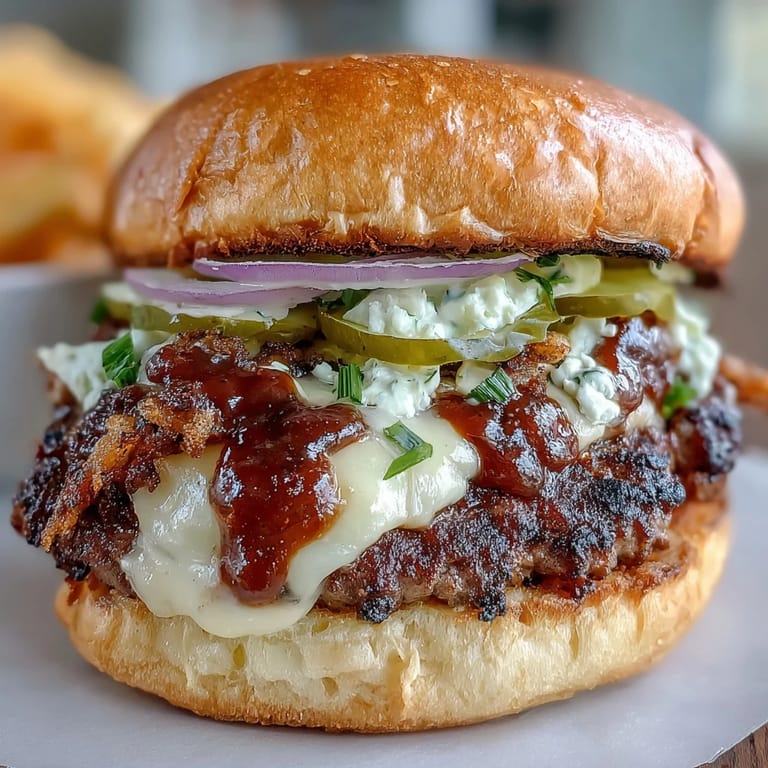 Golden-brown toasted bun loaded with a cheesy smash burger and all the fixings.