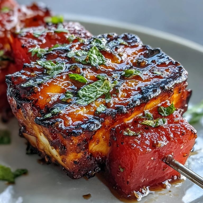 Juicy watermelon, savory halloumi, and mint skewers sizzling on the grill.