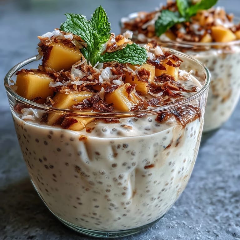 Vibrant mango chia pudding served chilled, showcasing diced mango and creamy coconut.