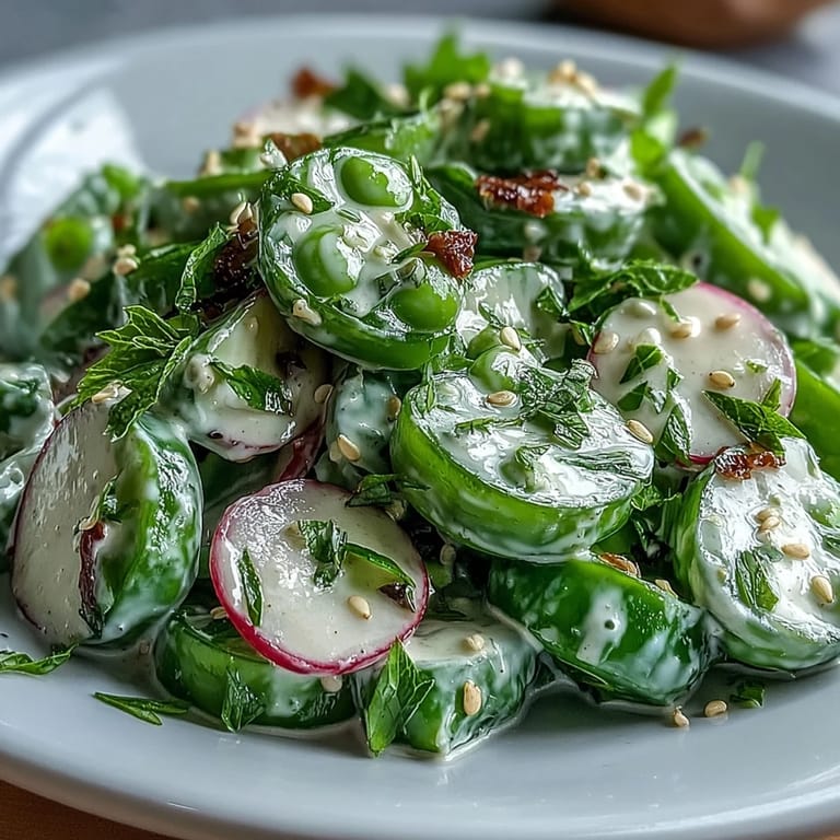 A beautifully plated Snap Pea and Radish Spring Salad adorned with toasted sesame seeds.