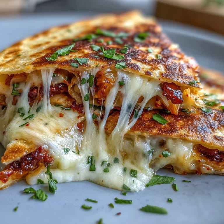 Spicy, cheesy Kimchi Quesadillas, sizzling hot and ready to be devoured with a dipping sauce.