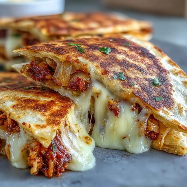Delicious Kimchi Quesadillas bursting with tangy flavors and gooey cheese, served hot.