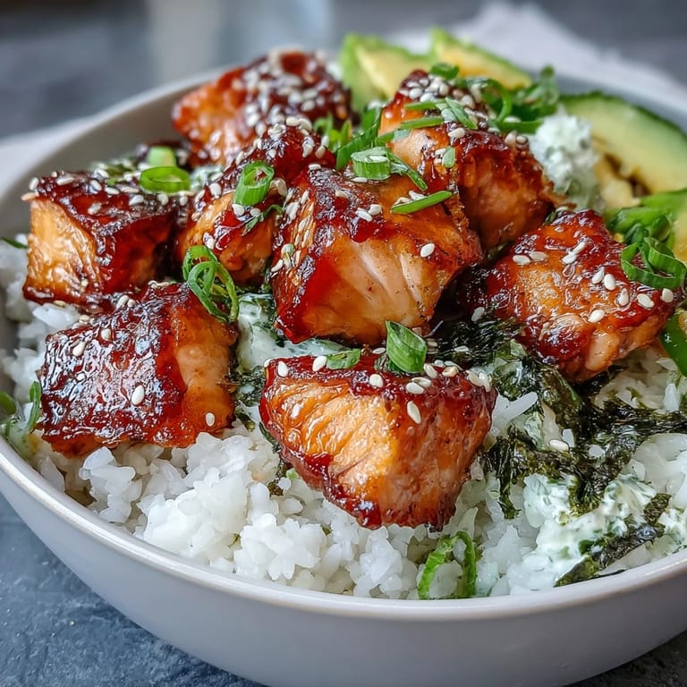 Vibrant spicy mayo salmon rice bowl with crisp cucumber and toasted sesame seeds, ready in minutes.