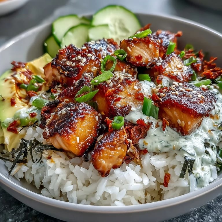 Generously topped spicy mayo salmon rice bowl, a delicious, flavorful, and easy Asian-inspired dish.