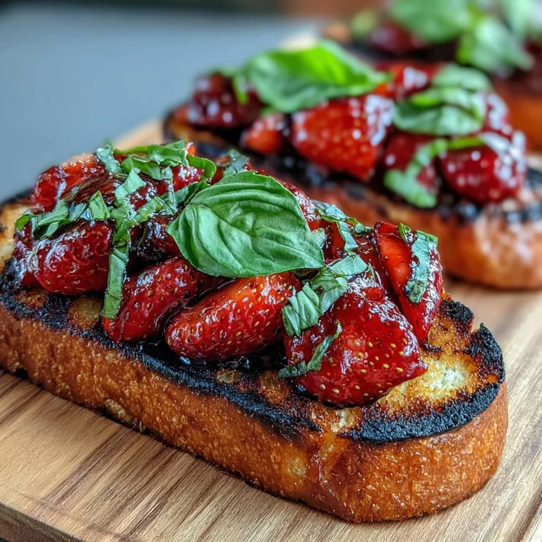 Crispy toasted sourdough piled high with fresh strawberries, basil, and balsamic glaze.