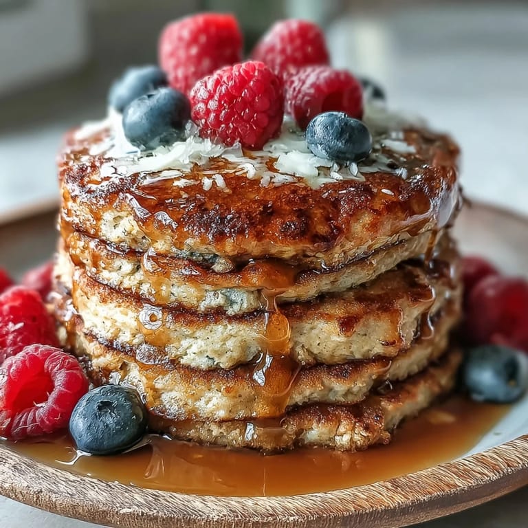 Stack of healthy high fiber protein pancakes, warm and inviting for breakfast.