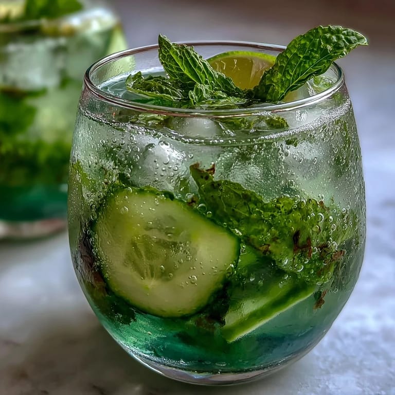 Refreshing Sparkling Cucumber Mint Lemonade Mocktail garnished with bright lemon slices.