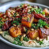 Vibrant Roast Squash and Hummus Winter Salad with crunchy toasted seeds.