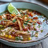 Steaming bowl of Best Chicken Tortilla Soup with shredded chicken, avocado, and crispy tortilla strips.