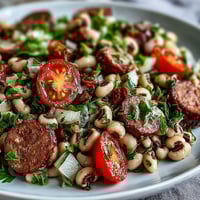 Vibrant Hoppin John Style Black-Eyed Pea Salad with turkey sausage, diced red bell pepper, and fresh tarragon on mixed greens.