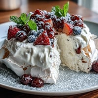 Crisp pavlova shell with whipped cream and vibrant mixed berries, perfect for Mothers Day dessert celebrations.  