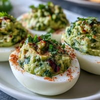 Creamy guacamole stuffed deviled eggs with avocado filling, garnished with smoked paprika and fresh cilantro.  