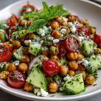 Cold Chickpea Salad with Lemon Herbs - a vibrant, refreshing bowl of chickpeas, cucumbers, tomatoes, and herbs tossed in a zesty lemon dressing.