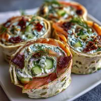 Smoked Salmon & Cucumber Cream Cheese Pinwheels with dill and lemon, served chilled on a platter.