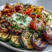 Colorful grilled veggie platter with hummus, featuring zucchini, peppers, and eggplant arranged around creamy homemade spread.  