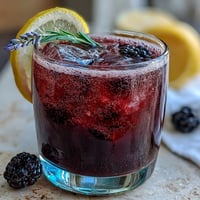 Vibrant Blackberry Lavender Lemonade Fizz garnished with fresh berries and lemon slices.