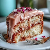 Elegant pink velvet cake infused with rosé wine, topped with shimmering gold drip and buttercream frosting.