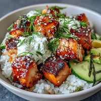 Tender salmon cubes atop fluffy rice, drizzled with creamy spicy mayo, a perfect weeknight meal.