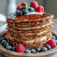 Golden brown high fiber protein pancakes piled high, ready with berries.